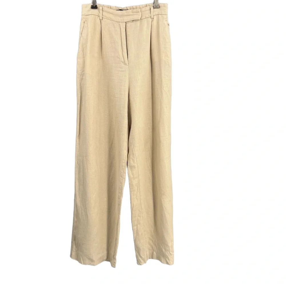 Zara Beige Linen‎ Wide Leg Pants Pleated Front Relaxed Trousers Women’s Small